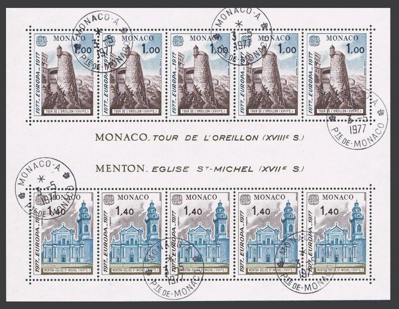 Monaco 1068a sheet,CTO 05.03.Michel Bl.11 EUROPE CEPT-1977.Helmet Tower,Church.