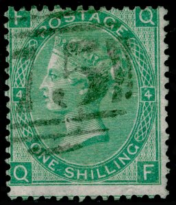 SG101, 1s green plate 4, USED. Cat £225. WMK EMBLEMS. QF