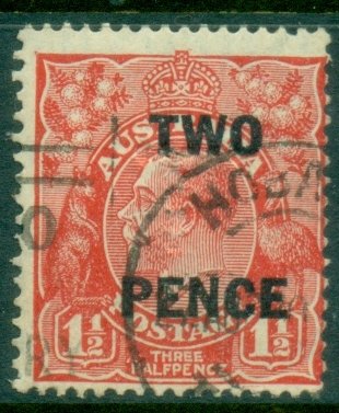 Australia KGV Head 2d on 1½d Red Small Multi Wmk Opt Perf 13-5x12-5 Perfin T ,FU