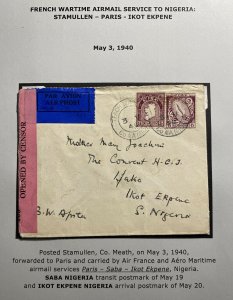 1940 Stamullen Ireland Censored War Time Airmail Cover to Ikot Ekpene Nigeria