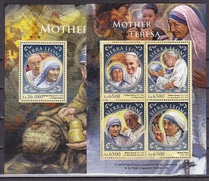 Sierra Leone, 2016. Mother Teresa & Popes sheet of 4 & s/sheet. ^