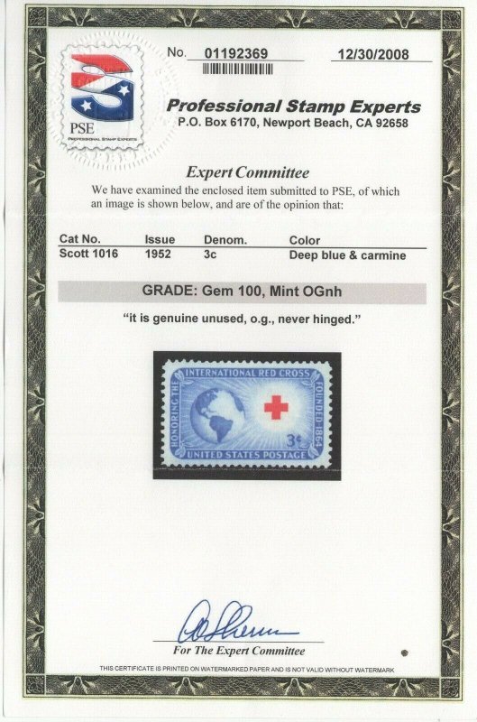 #1016 Graded: Gem 100 Mint OG NH SMQ $150 (JH 10/3) GP