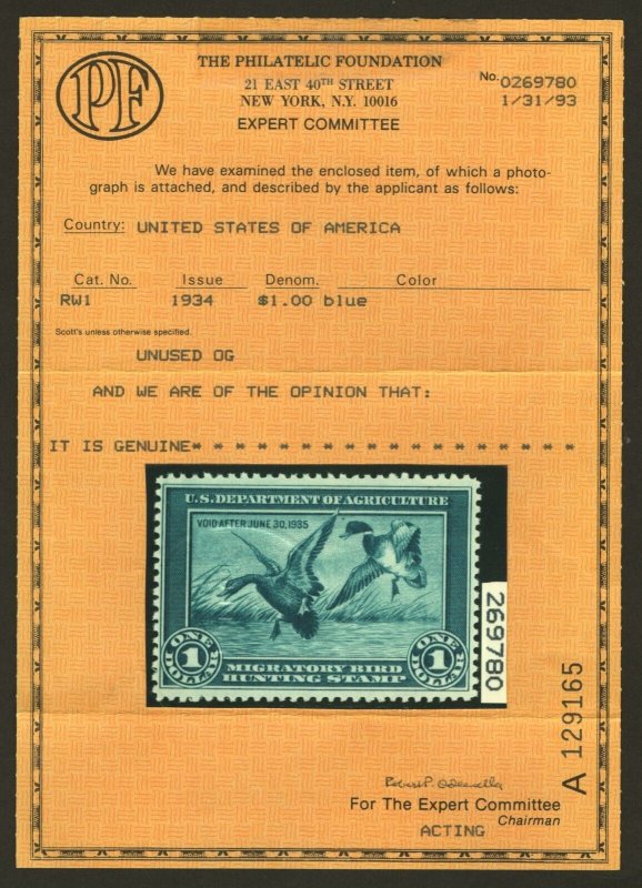 DUCK STAMP #RW1 - MINT - F/VF - OGnh w/PF Certificate  (LB 5/22/23) 