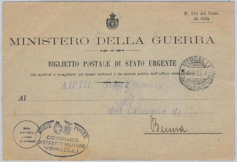 55509  - ITALY -  POSTAL HISTORY:  FIELDPOST card from VERCELLI 1939