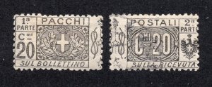 Italy 1917 20c black Parcel Post Halves, Scott Q9 used, value = 80c