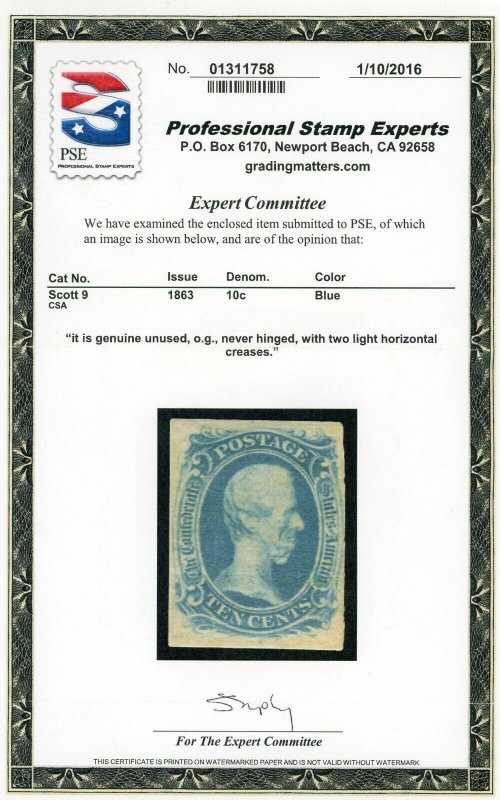 CONFEDERATE STATES SC #9 MINT NH VF LIGHT CREASE w/PSE CERTIFICATE AK 