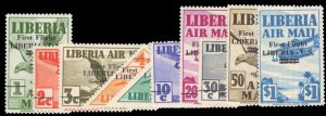 Liberia #C27-36 Cat$49.50+ (for hinged), 1942 First Flight Liberia-US, comple...