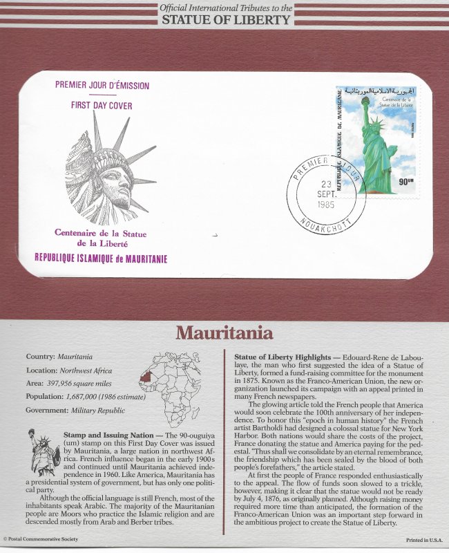 Statue of Liberty Mauritania #584. 1986  FDC with write up.