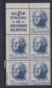BOBPLATES #1213a Washington Booklet Pane Lower Left  27651 60% MintNH DCV=$120