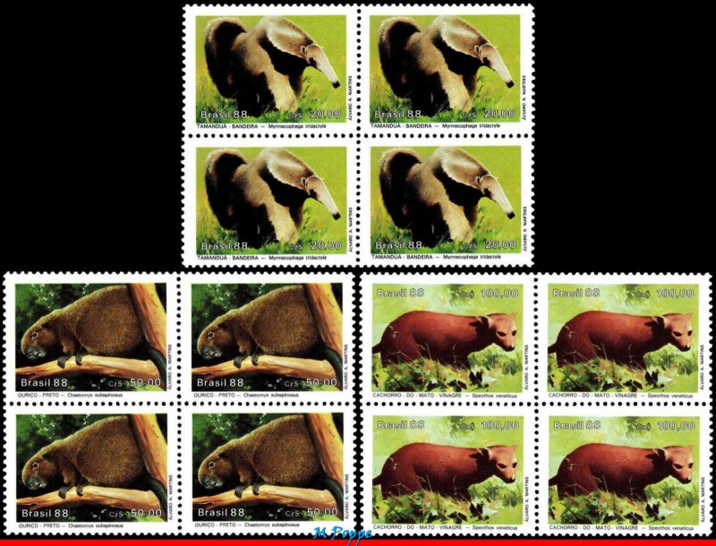 2141-43 BRAZIL 1988 WILDLIFE CONSERVATION, BUSH DOG, MI# 2259-61, BLOCKS MNH