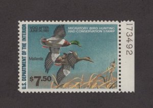 RW47 - Federal Duck Stamp. Plate Numbered Single. MNH. OG.    #02 RW47pnsd