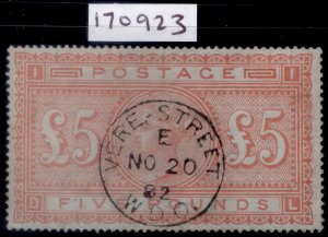 GB QV SG133, £5 orange BLUED PAPER, VERY FINE USED. Cat £9000. CDS. RPS CERT DL