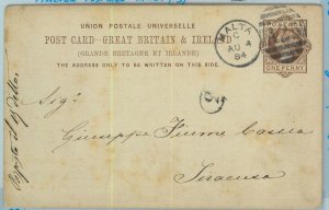 BK0257 - MALTA - Postal History - GB STATIONERY CARD to ITALY  1884 Italian mark