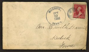 1892 STAR CANCEL Moravia Pennsylvania On Cover to Iowa