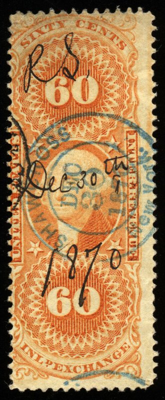 B419 U.S. Revenue Scott R64d 60c Inland Exchange silk paper, handstamp cancel