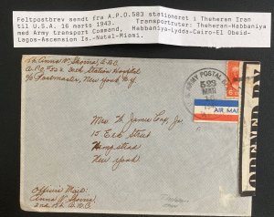 1943 US Army PO 583 Middle East Censored Airmail cover To Hempstead NY Usa