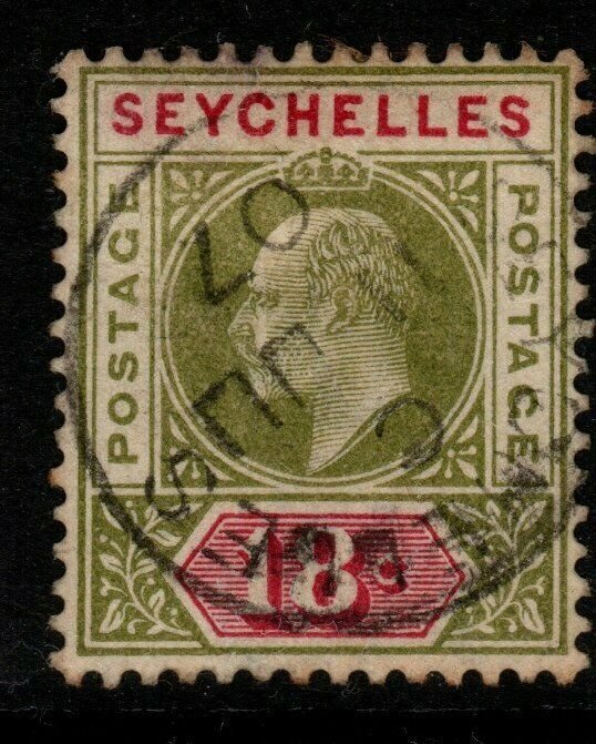 SEYCHELLES SG51 1903 18c SAGE-GREEN & CARMINE USED