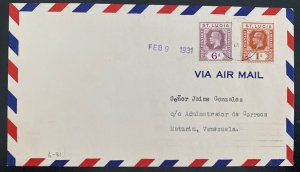 1931 Castries St Lucia Airmail First flight Cover FFC To Maturin Venezuela