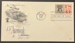 13¢ AIRMAIL STAMP #C62 JUN 28 1961 NEW YORK NY FIRST DAY COVER (FDC) BX5