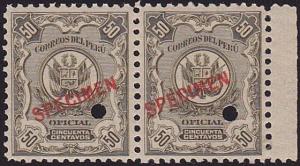 PERU 1909 OFFICIAL 50c PAIR optd SPECIMEN in red + security punch hole......7973