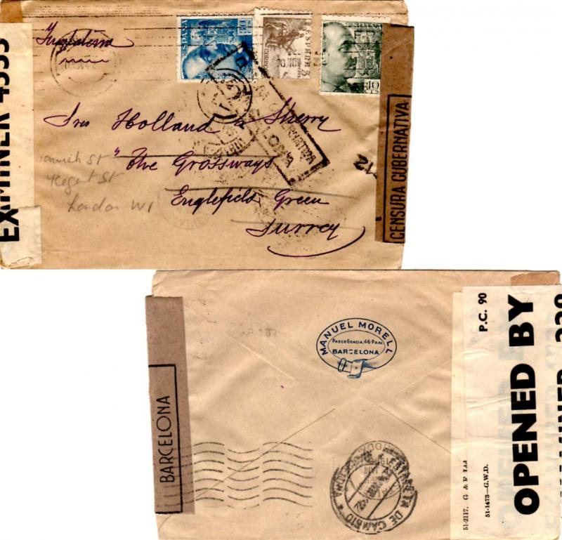 Spain 5c El Cid and 30c and 40c Franco 1942 Barcelona to Englefield Green, En...