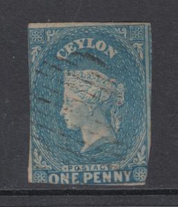 Ceylon Sc 3a used 1857 1p blue imperf Queen Victoria, 1+ margins, sound