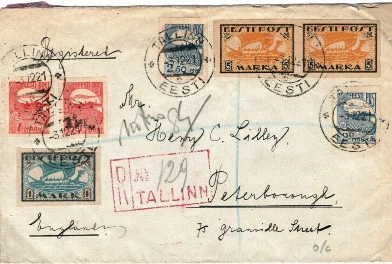 ESTONIA Cover Registered Tallinn GB Peterborough 1921{samwells-covers} SL7