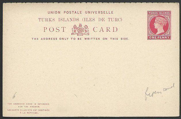 TURKS ISLANDS QV 1d postcard + 1d reply attached fine unused...............49434