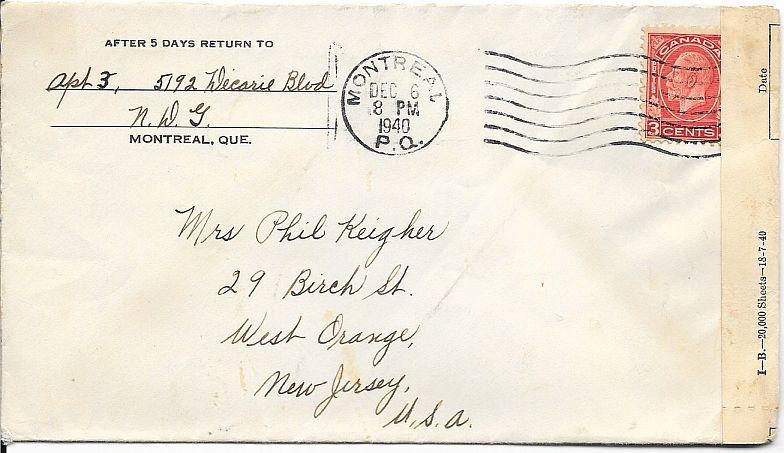 Canada Cover to West Orange, NJ - December 1940 - Censored