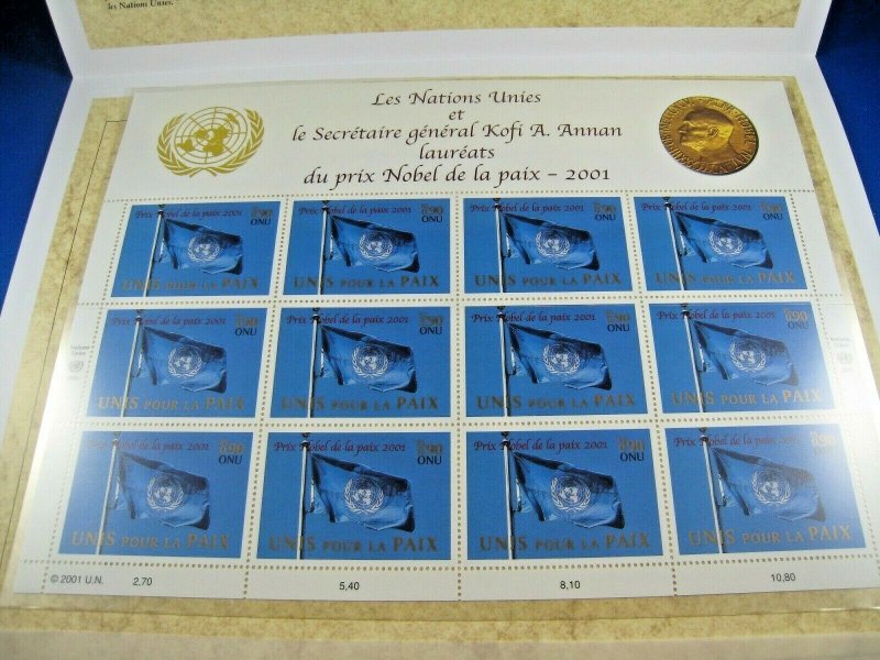 UN NEW YORK - SCOTT #816 - 2001 NOBEL PEACE PRIZE FOLDER  MNH