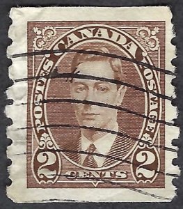 Canada #239 2¢ King George VI (1937). Coil. Perf. 8 vert. Brown. Used.