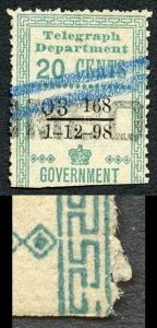 Ceylon Telegraph SGT134 20c Blue Variety FRAME BROKEN at RIGHT 1 Dec 1898