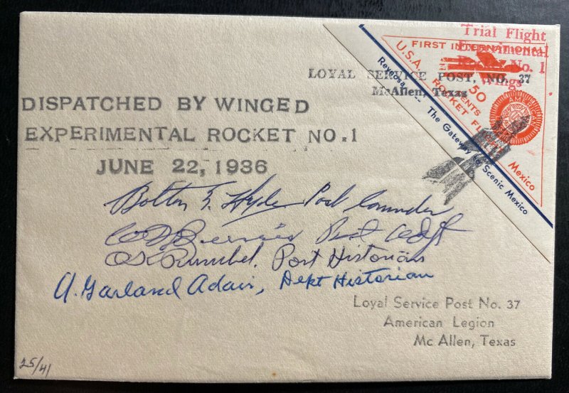 1936 McAllen TX USA First Flight Winged Rocket # 1 cover To Reynosa Mexico 