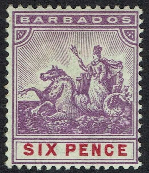 BARBADOS 1892 QV SEAHORSES 6D WMK CROWN CA 