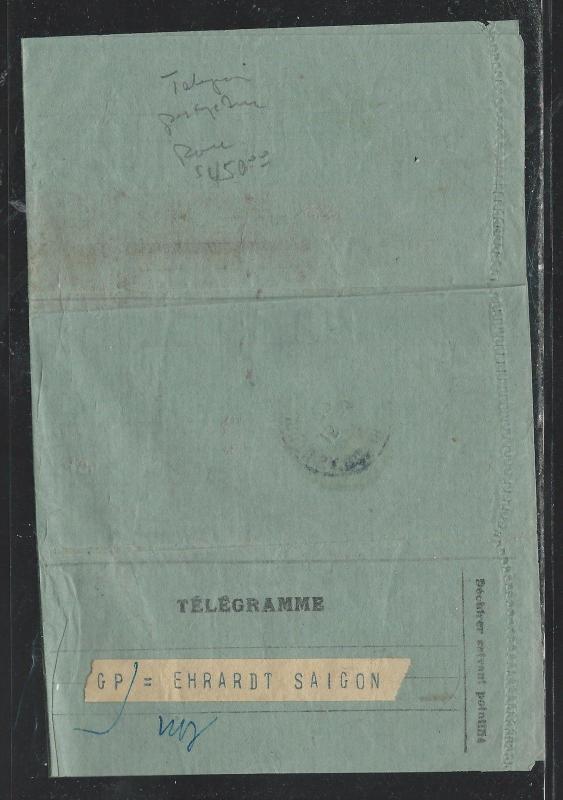 FRENCH INDOCHINA (PP2806B)TELEGRAM SENT WITHOUT STAMPS POSTAGE DUE 3C SURCH RARE