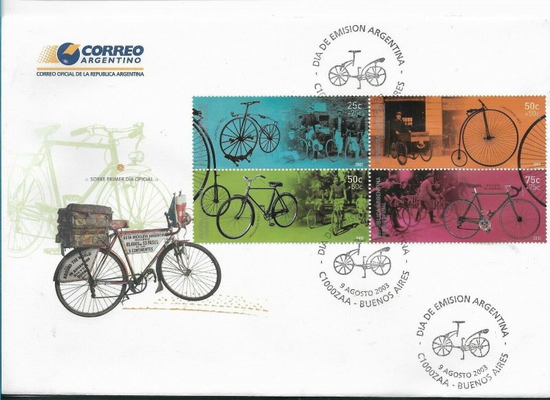 ARGENTINA 2003 BIKES RIDING OLD BIKES BLOCK OF FOUR VALUES FIRST DAY COVER FDC