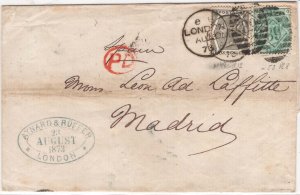 GB 1873 6d grey plate 12 & 1s green plate 8 vgu on neat EL to Madrid, sg125, 1