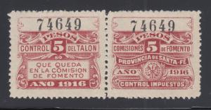 Argentina, Santa Fé, MNH. 1916 5p Comision de Fomento Talon & Control Pair