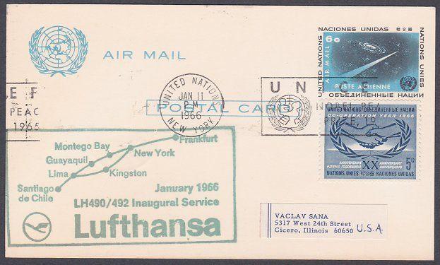 USA UN FRANKING 1966 first flight postcard NY to Kingston Jamaica...........7183