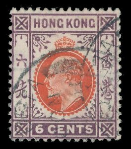 Hong Kong 1907 KEVII 6c orange-vermilion & purple very fine used. SG 94. Sc 92.