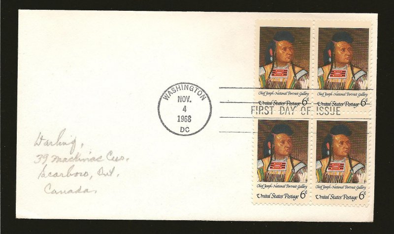 USA 1364 American Indian Issue 1968 Block of 4 First Day Cover