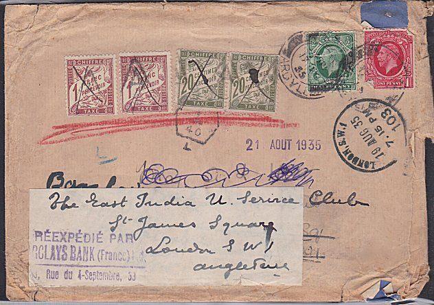 FRANCE 1935 cover ex GB with higher value postage dues - returned to UK....87784 