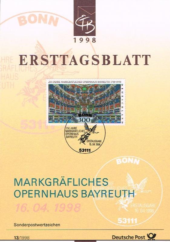 1998 - Germany ETB 13/1998 - Music - 250 Jahre Markgräfliches Opernhaus Bayr...