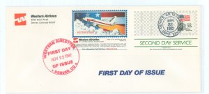 US 1LC 1982 Western Airlines Second Day Service on a FDC, cacheted without address