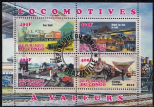 Congo People's Republic 2012 used Sheet of 4 Steam Trains Cinderella