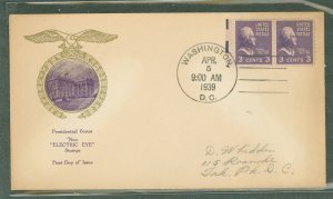 US 807EE 1939 3c Thomas Jefferson (Electric Eye Experimental printing) prexy pair on an addressed first day cover with a rice ca