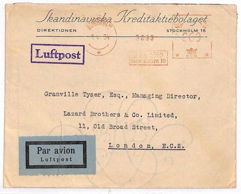 VV259 1934 Sweden Stockholm London GB Cover {samwells-covers}