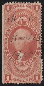 R66c $1.00 Revenue: Conveyance (1862) Used/Fault