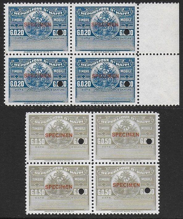 Haiti 1920 Revenue PROOF Mobile Stamp 20c, 50c BLOCKS (Re-issue of 1950s) VF-NH-