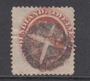 Newfoundland Sc 28 used. 1894 12c pale red brown QV, fancy cancel, thin